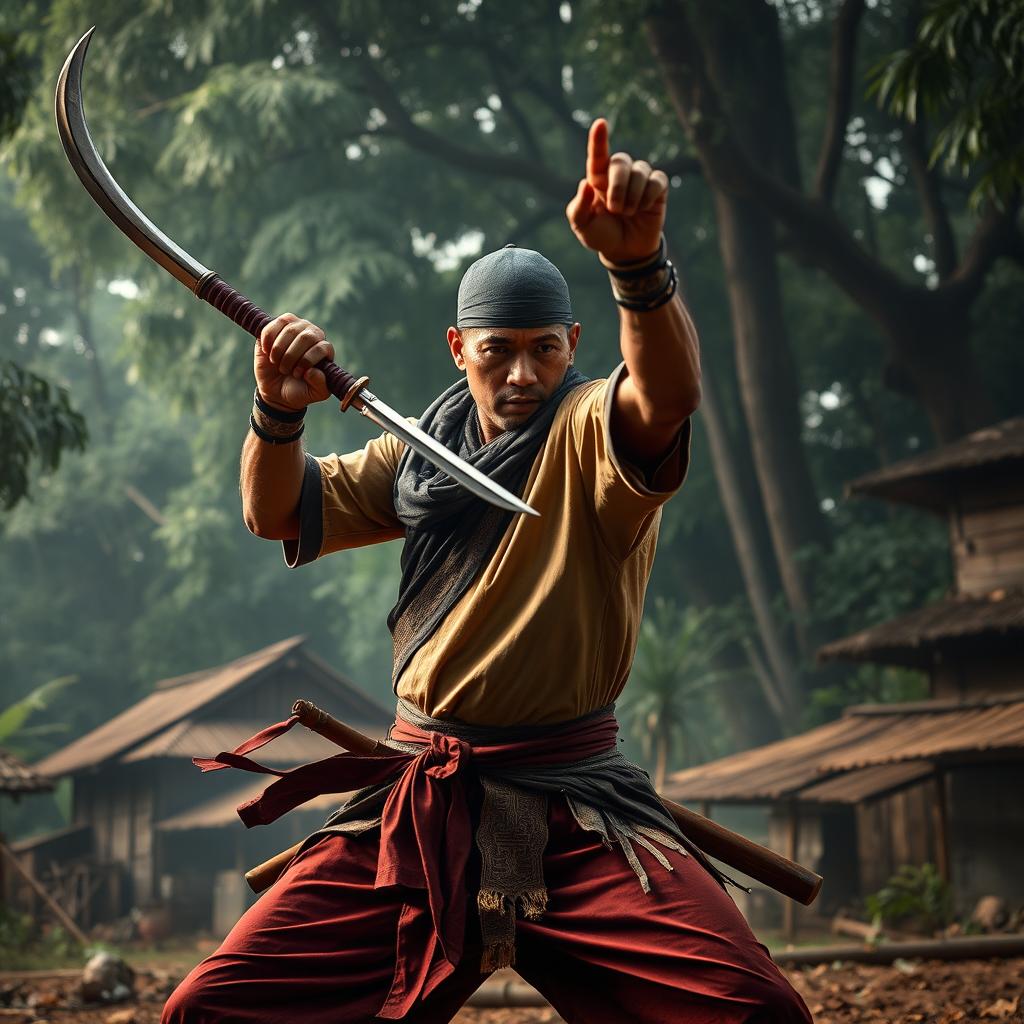 A gripping and action-packed scene depicting a Malay silat master transforming into a bandit