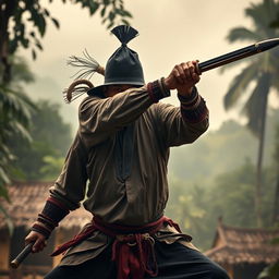 A gripping and action-packed scene depicting a Malay silat master transforming into a bandit