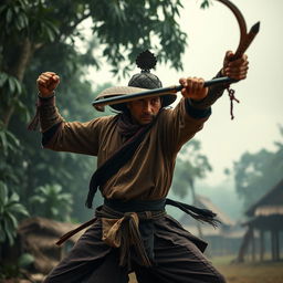 A gripping and action-packed scene depicting a Malay silat master transforming into a bandit