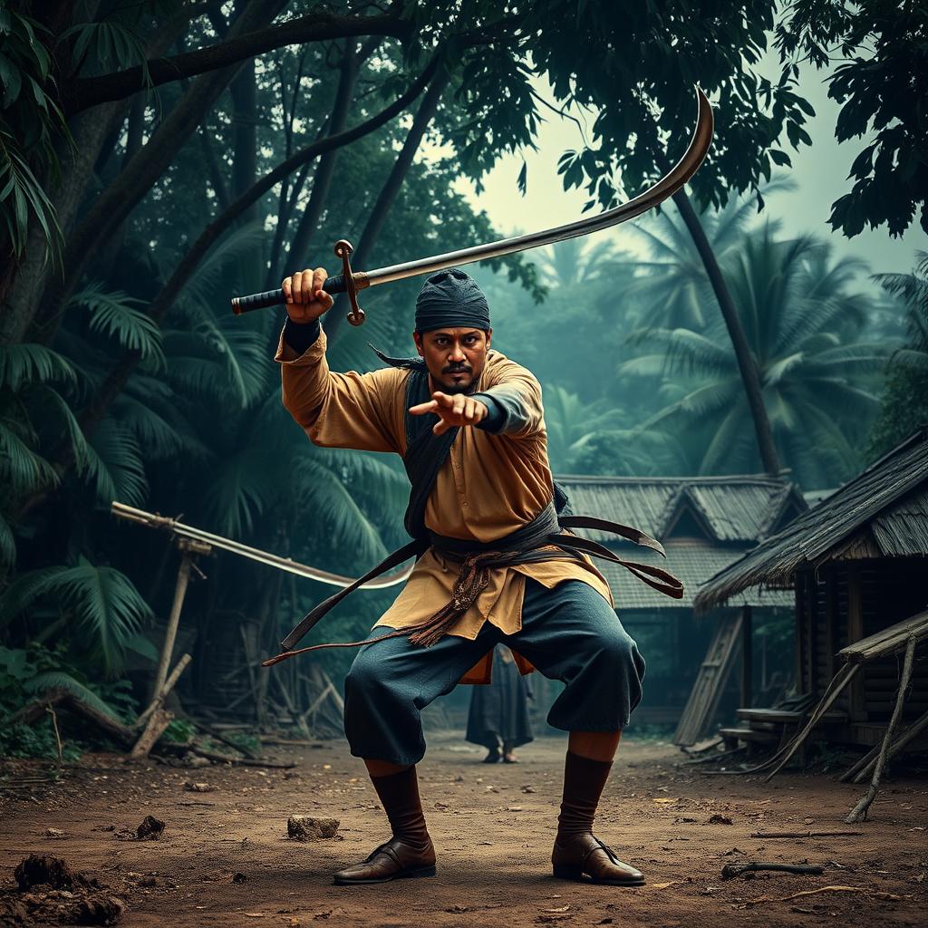 A gripping and action-packed scene depicting a Malay silat master transforming into a bandit