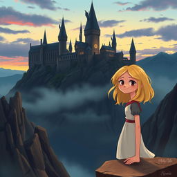 A whimsical scene depicting Medea Hemera Claries, a young girl with shoulder-length blonde hair, standing on the edge of a cliff