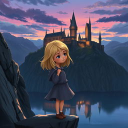 A whimsical scene depicting Medea Hemera Claries, a young girl with shoulder-length blonde hair, standing on the edge of a cliff