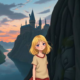 A whimsical scene depicting Medea Hemera Claries, a young girl with shoulder-length blonde hair, standing on the edge of a cliff