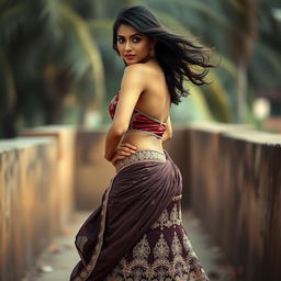 A sensuous Indian woman wearing a low-waisted lehenga that elegantly drapes around her hips, showcasing her confident pose with her legs slightly apart