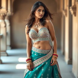 A sensuous Indian woman wearing a low-waisted lehenga that elegantly drapes around her hips, showcasing her confident pose with her legs slightly apart