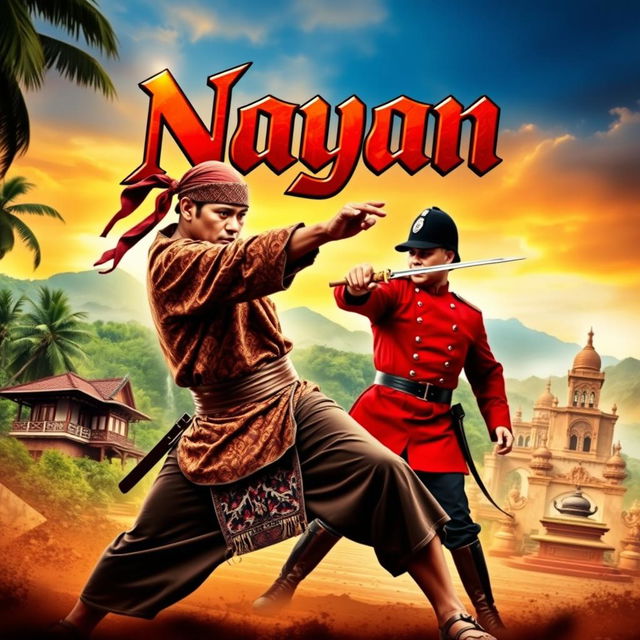 A dynamic movie poster entitled 'Nayan' featuring a dramatic scene of a Malay silat master in traditional martial arts attire, executing an agile fighting stance, engaged in combat with a British colonial police officer in 18th century Malaya