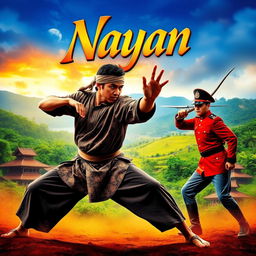 A dynamic movie poster entitled 'Nayan' featuring a dramatic scene of a Malay silat master in traditional martial arts attire, executing an agile fighting stance, engaged in combat with a British colonial police officer in 18th century Malaya