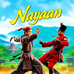 A dynamic movie poster entitled 'Nayan' featuring a dramatic scene of a Malay silat master in traditional martial arts attire, executing an agile fighting stance, engaged in combat with a British colonial police officer in 18th century Malaya