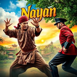 A dynamic movie poster entitled 'Nayan' featuring a dramatic scene of a Malay silat master in traditional martial arts attire, executing an agile fighting stance, engaged in combat with a British colonial police officer in 18th century Malaya