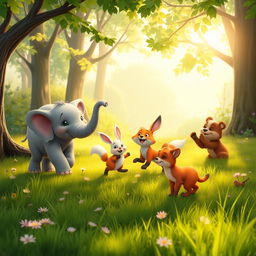 In the morning, on a forest meadow, a lively group of cute animals play joyfully together