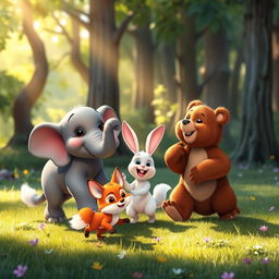 In the morning, on a forest meadow, a lively group of cute animals play joyfully together