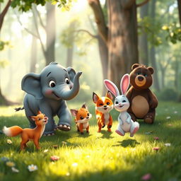 In the morning, on a forest meadow, a lively group of cute animals play joyfully together