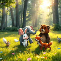 In the morning, on a forest meadow, a lively group of cute animals play joyfully together