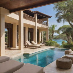 An enticing image of a 'Luxury Villa Retreat' package, capturing an opulent villa, its plush interior and exterior, stunning surrounding scenery, alongside top-tier amenities and included activities for a premium retreat experience.