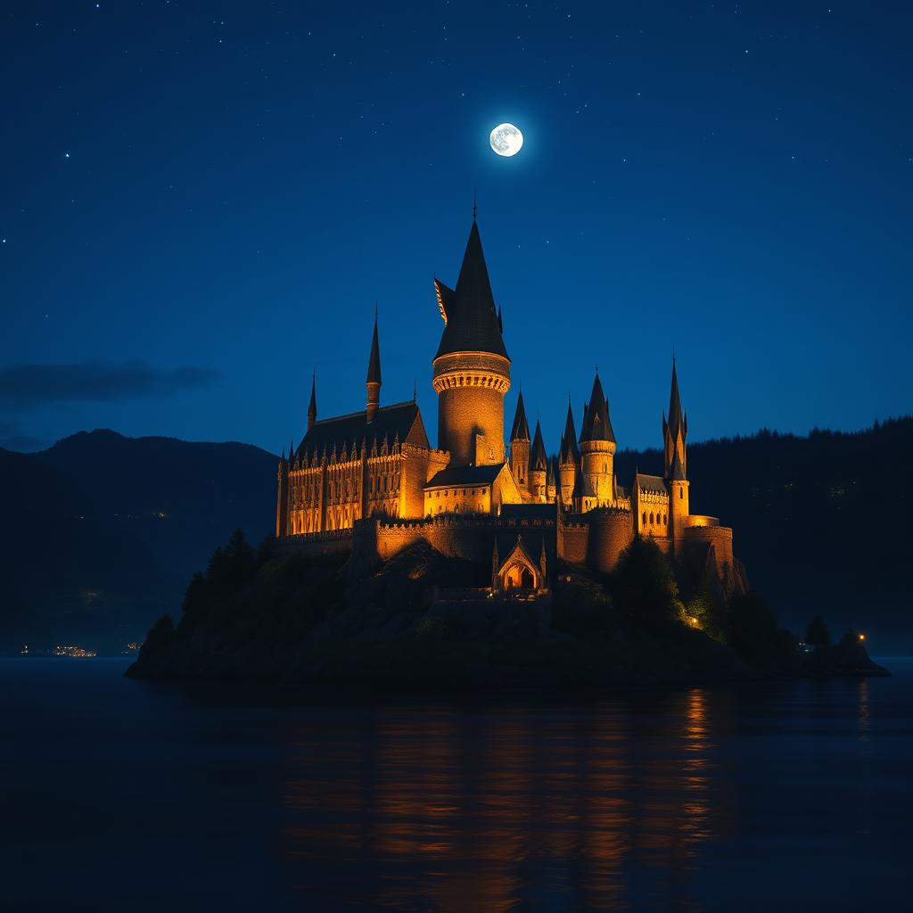 Hogwarts castle in the magical twilight, towering over the Black Lake with its majestic turrets and spires