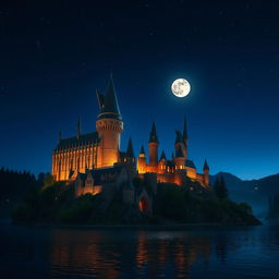 Hogwarts castle in the magical twilight, towering over the Black Lake with its majestic turrets and spires