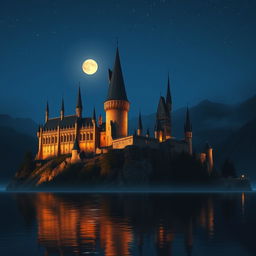 Hogwarts castle in the magical twilight, towering over the Black Lake with its majestic turrets and spires