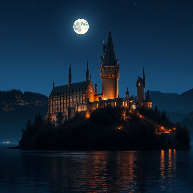 Hogwarts castle in the magical twilight, towering over the Black Lake with its majestic turrets and spires