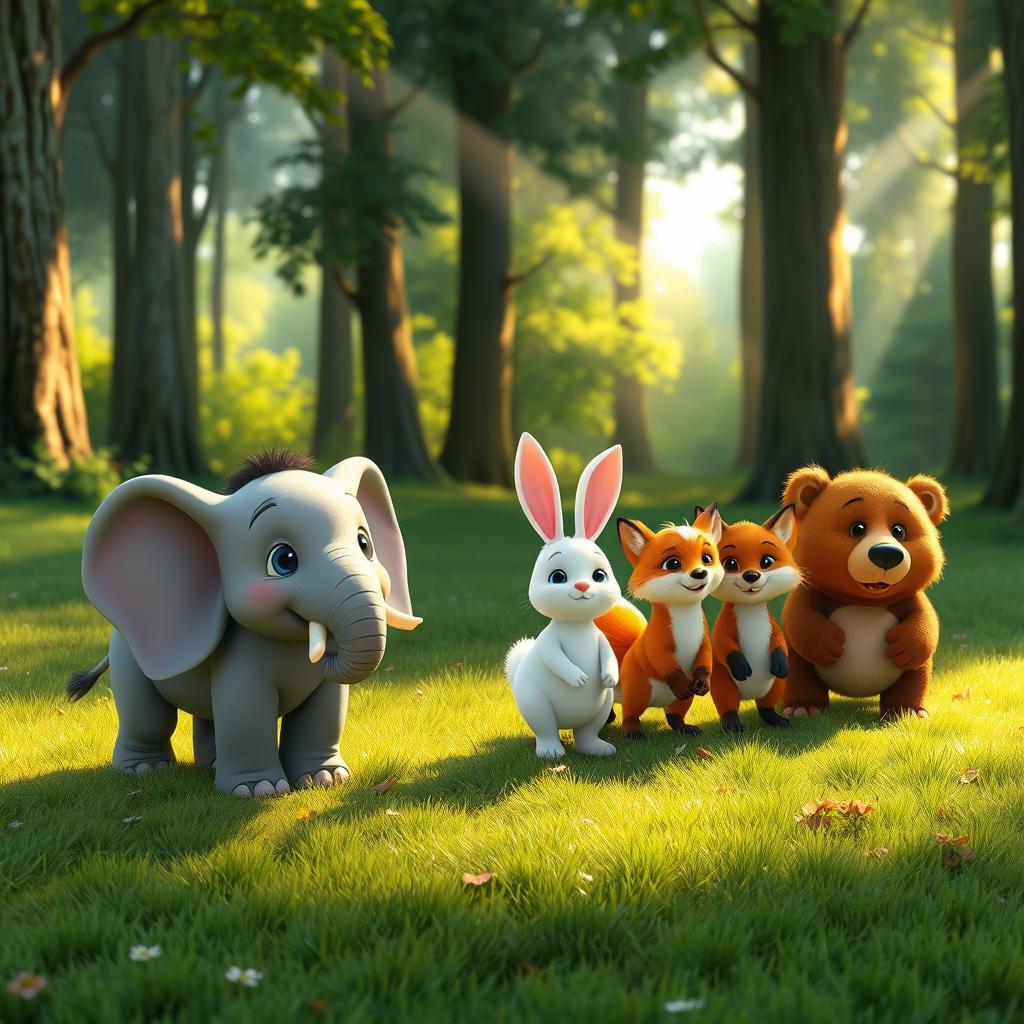 In the morning, on a forest meadow, a charming group of cute animals stand eagerly at the starting line, ready for a race