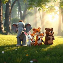 In the morning, on a forest meadow, a charming group of cute animals stand eagerly at the starting line, ready for a race