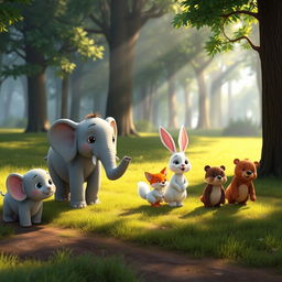 In the morning, on a forest meadow, a charming group of cute animals stand eagerly at the starting line, ready for a race