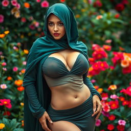 A seductive and confident Muslim woman in a stylish and uniquely designed burqa, her intense allure is depicted through her expressive eyes and elegant posture