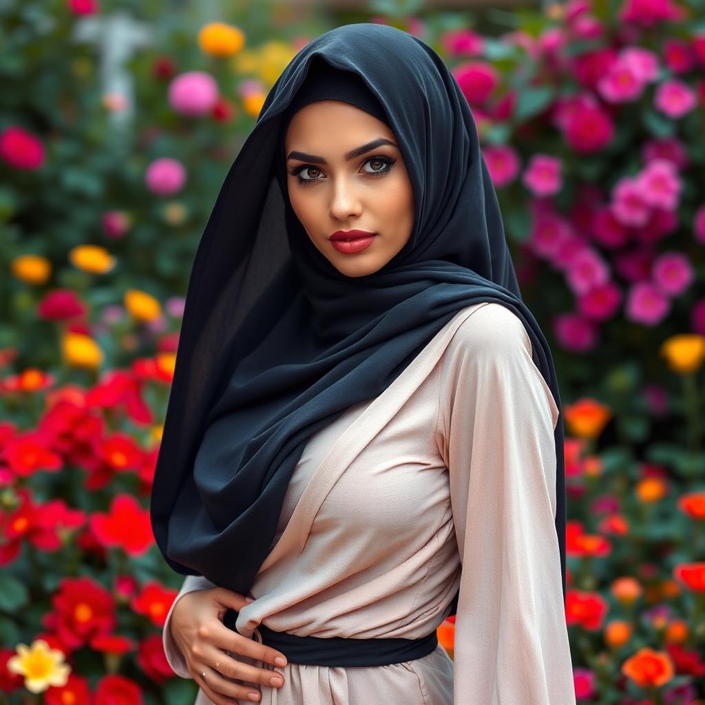 A seductive and confident Muslim woman in a stylish and uniquely designed burqa, her intense allure is depicted through her expressive eyes and elegant posture