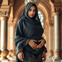 A voluptuous Muslim woman, exuding confidence and allure in a beautifully detailed burqa that accentuates her curvaceous figure