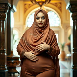 A voluptuous Muslim woman, exuding confidence and allure in a beautifully detailed burqa that accentuates her curvaceous figure