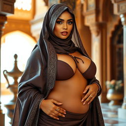 A voluptuous Muslim woman, exuding confidence and allure in a beautifully detailed burqa that accentuates her curvaceous figure