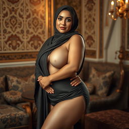 A voluptuous Muslim woman, confidently embracing her sensuality, posed in a tasteful and elegant manner