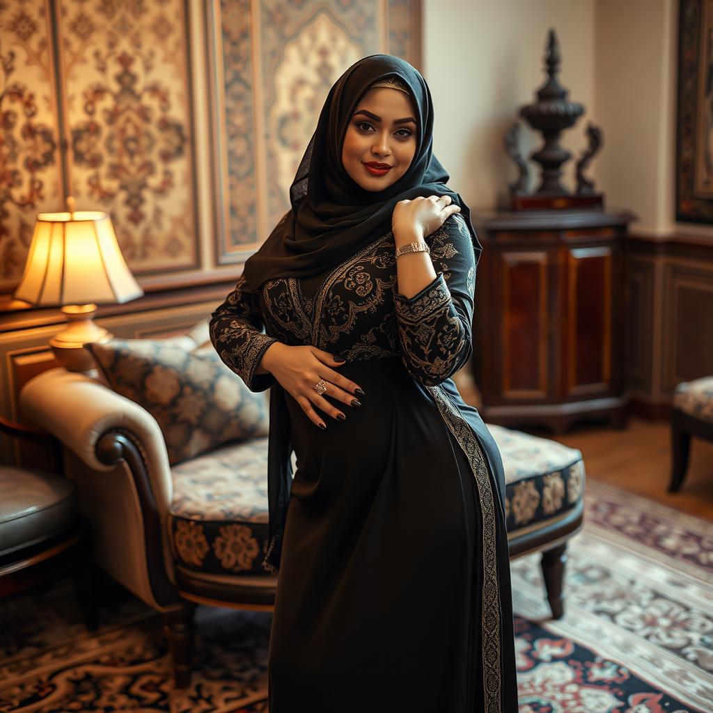 A voluptuous Muslim woman, confidently embracing her sensuality, posed in a tasteful and elegant manner