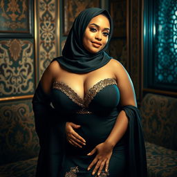 A voluptuous Muslim woman, confidently embracing her sensuality, posed in a tasteful and elegant manner