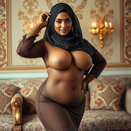 A voluptuous Muslim woman, confidently embracing her sensuality, posed in a tasteful and elegant manner