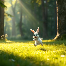 In the morning, on a bright forest meadow, a small white bunny joyfully and swiftly hops across the grass