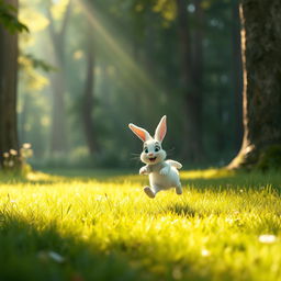 In the morning, on a bright forest meadow, a small white bunny joyfully and swiftly hops across the grass