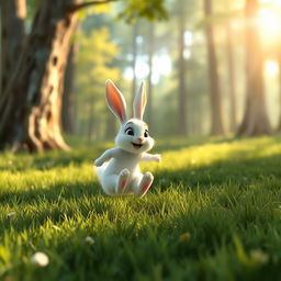 In the morning, on a bright forest meadow, a small white bunny joyfully and swiftly hops across the grass