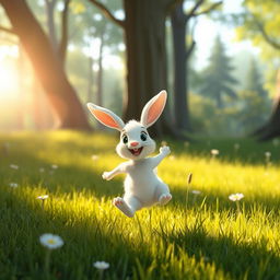 In the morning, on a bright forest meadow, a small white bunny joyfully and swiftly hops across the grass