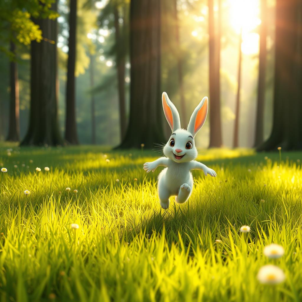 In the morning, on a bright forest meadow, a small white bunny joyfully and swiftly hops across the grass