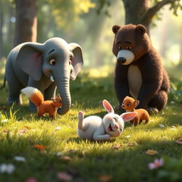 In the morning, on a forest meadow, a small white bunny has playfully tumbled to the ground, surrounded by its concerned and supportive friends: a small grey elephant, a little fox, and a brown bear cub