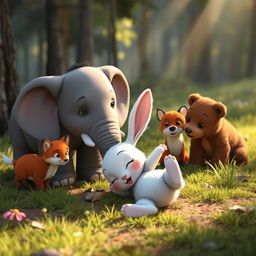 In the morning, on a forest meadow, a small white bunny has playfully tumbled to the ground, surrounded by its concerned and supportive friends: a small grey elephant, a little fox, and a brown bear cub