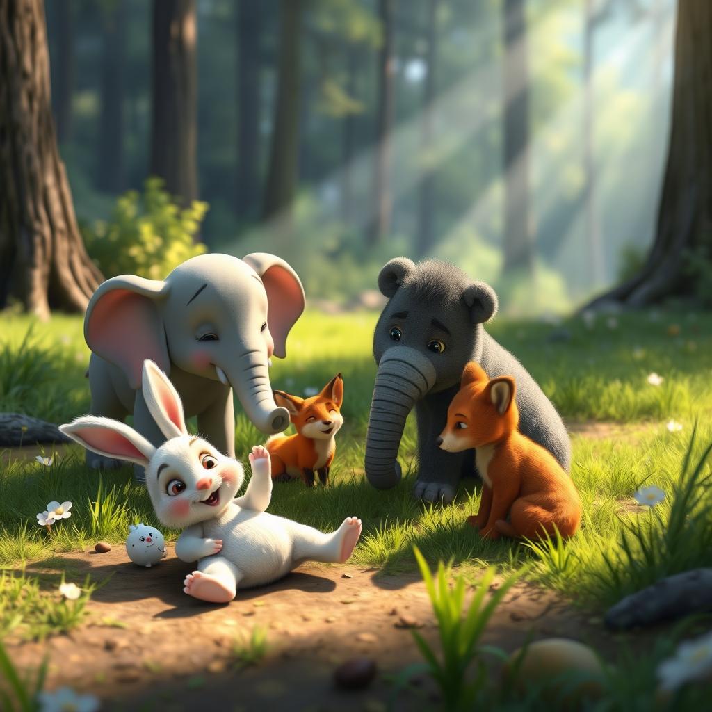 In the morning, on a forest meadow, a small white bunny has playfully tumbled to the ground, surrounded by its concerned and supportive friends: a small grey elephant, a little fox, and a brown bear cub