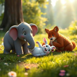 In the morning, on a forest meadow, a small white bunny has playfully tumbled to the ground, surrounded by its concerned and supportive friends: a small grey elephant, a little fox, and a brown bear cub