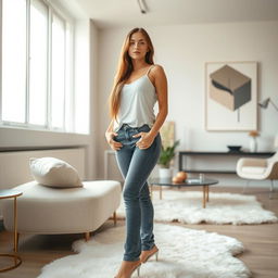 A beautiful young woman standing confidently in a modern, elegantly designed room