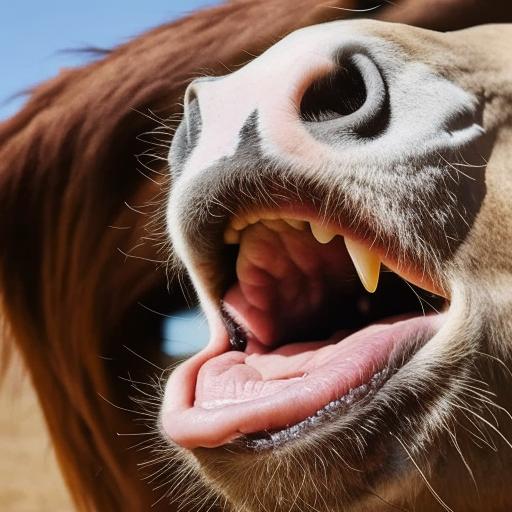 Extreme close-up view inside the mouth of an old, majestic horse as if someone just received it as a gift and is curiously inspecting it.