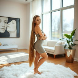 A beautiful young woman standing confidently in a modern, elegantly designed room