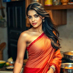 A beautiful Indian woman cooking at home, wearing a sexy saree with a low-cut blouse that reveals a large bra