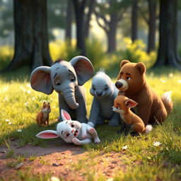 In the morning on a forest meadow, a small white bunny has tumbled to the ground with a pained expression, surrounded with genuine concern by its friends: a small grey elephant, a little fox, and a brown bear cub