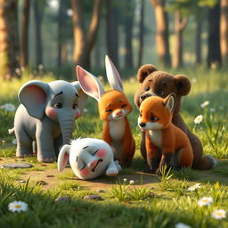 In the morning on a forest meadow, a small white bunny has tumbled to the ground with a pained expression, surrounded with genuine concern by its friends: a small grey elephant, a little fox, and a brown bear cub