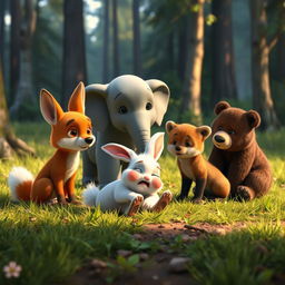 In the morning on a forest meadow, a small white bunny has tumbled to the ground with a pained expression, surrounded with genuine concern by its friends: a small grey elephant, a little fox, and a brown bear cub